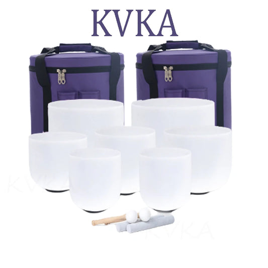 KVKA 7-12 Inch Note CDEFGAB Set of 7PCS Chakra Frosted Quartz Crystal Singing Bowl With Free Case